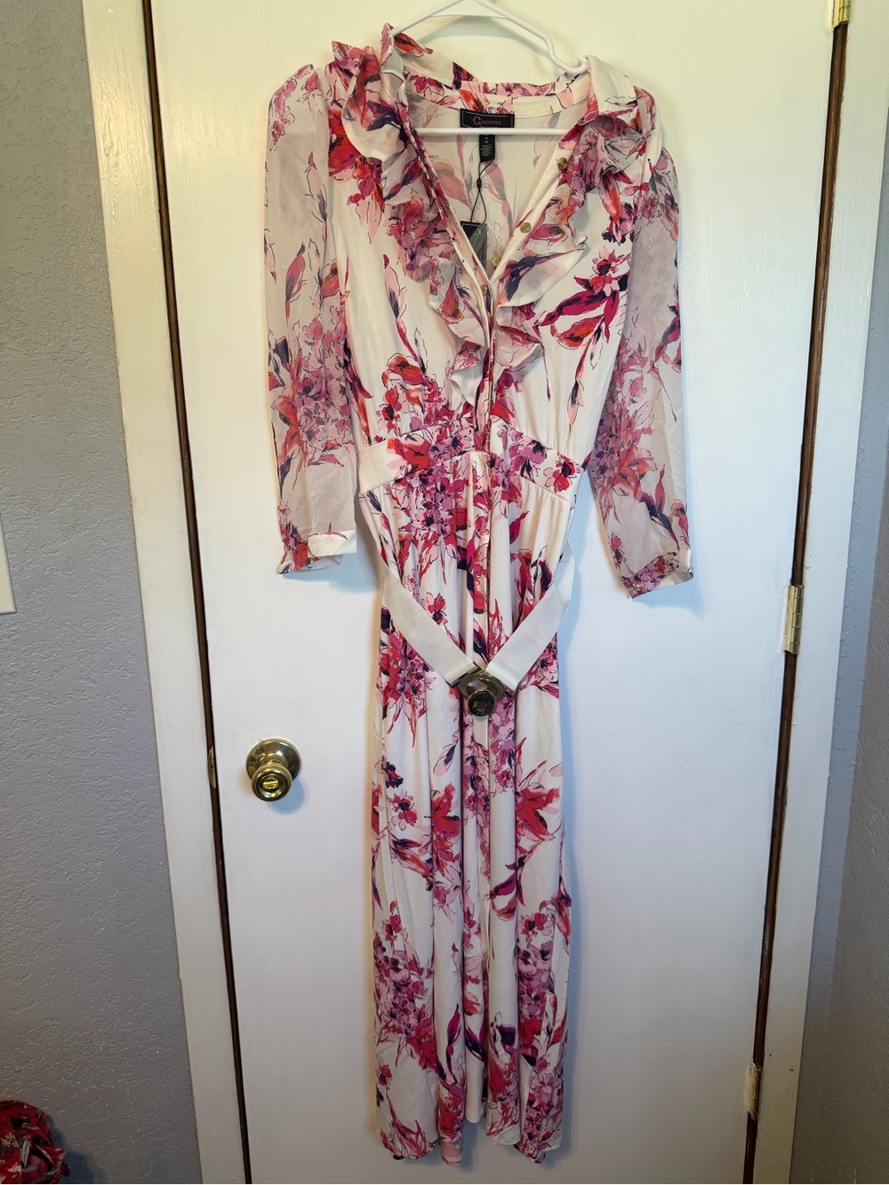 Christian Siriano Pink Floral Ruffle V-Neck Maxi Dress